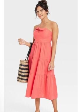Universal Thread Coral Strapless Tiered A-Line Midi Coastal Beach Sun Dress M